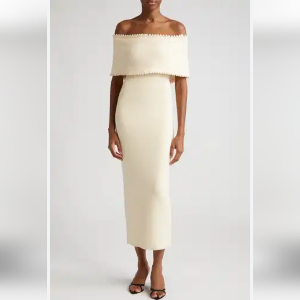 LELA ROSE Rib Knit Cuff Neckline Bodycon Midi Dress Ivory XS Org $1,790